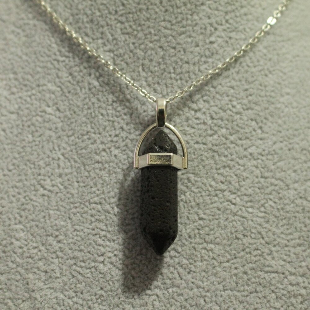 Black Lava Stone Hex Crystal Pendant Necklace – Silver Tone Chain - Picture 3 of 8